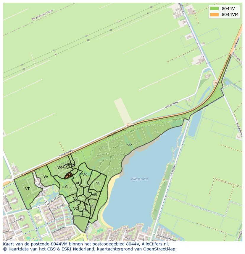 Afbeelding van het postcodegebied 8044 VM op de kaart.