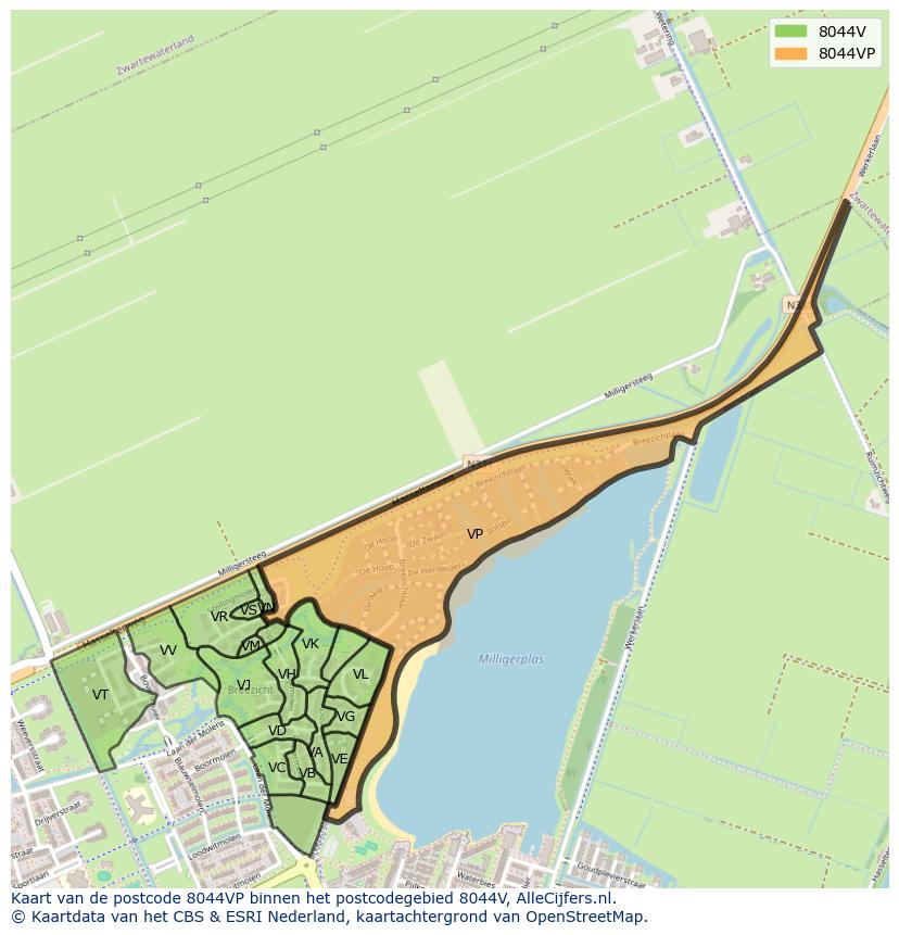 Afbeelding van het postcodegebied 8044 VP op de kaart.