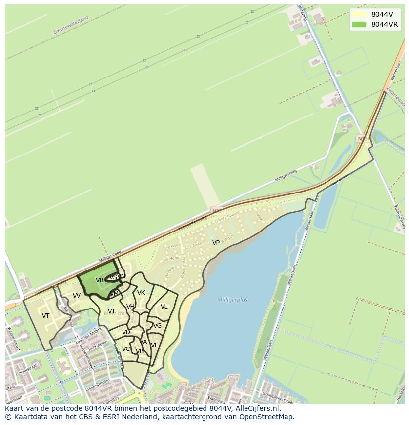 Afbeelding van het postcodegebied 8044 VR op de kaart.