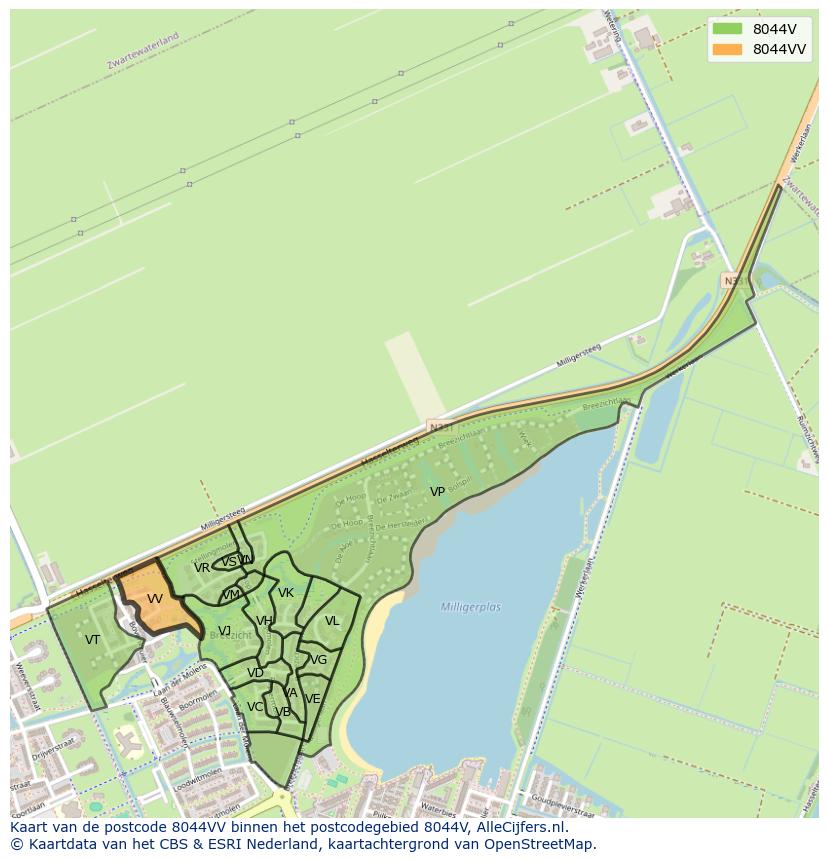 Afbeelding van het postcodegebied 8044 VV op de kaart.