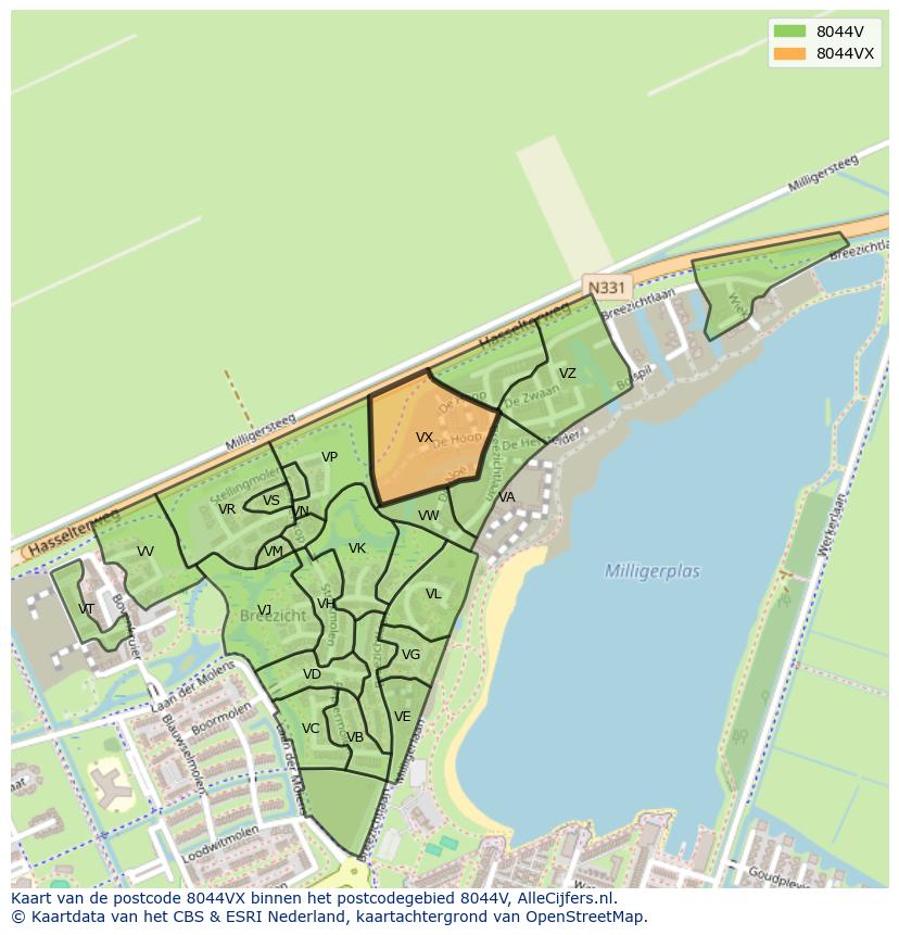 Afbeelding van het postcodegebied 8044 VX op de kaart.