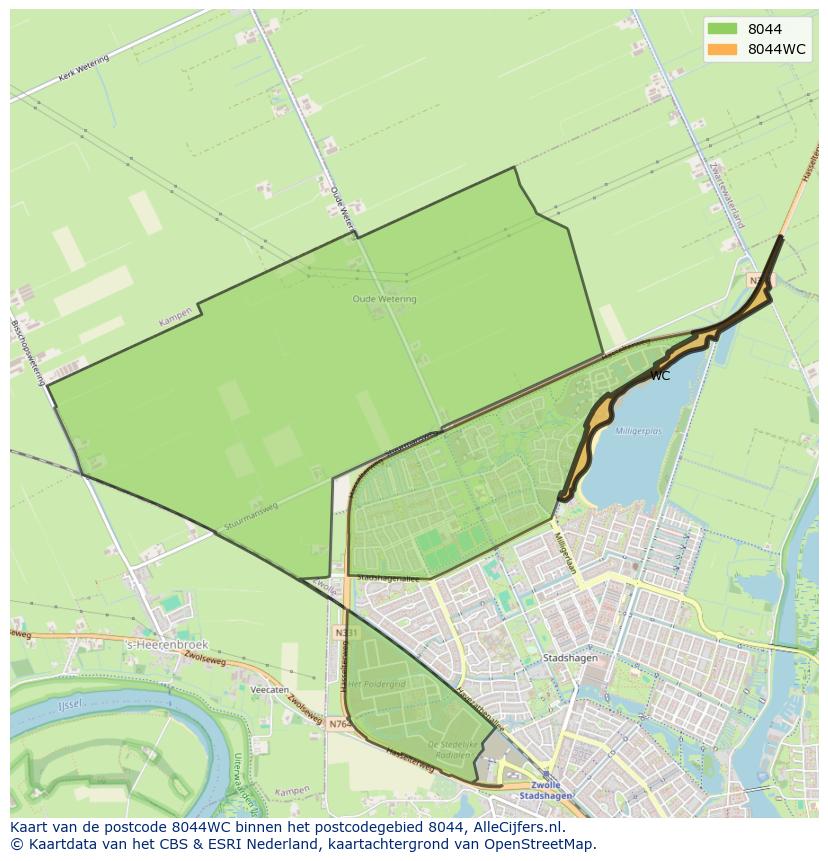Afbeelding van het postcodegebied 8044 WC op de kaart.
