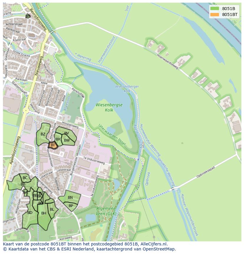 Afbeelding van het postcodegebied 8051 BT op de kaart.