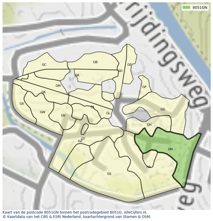 Afbeelding van het postcodegebied 8051 GN op de kaart.