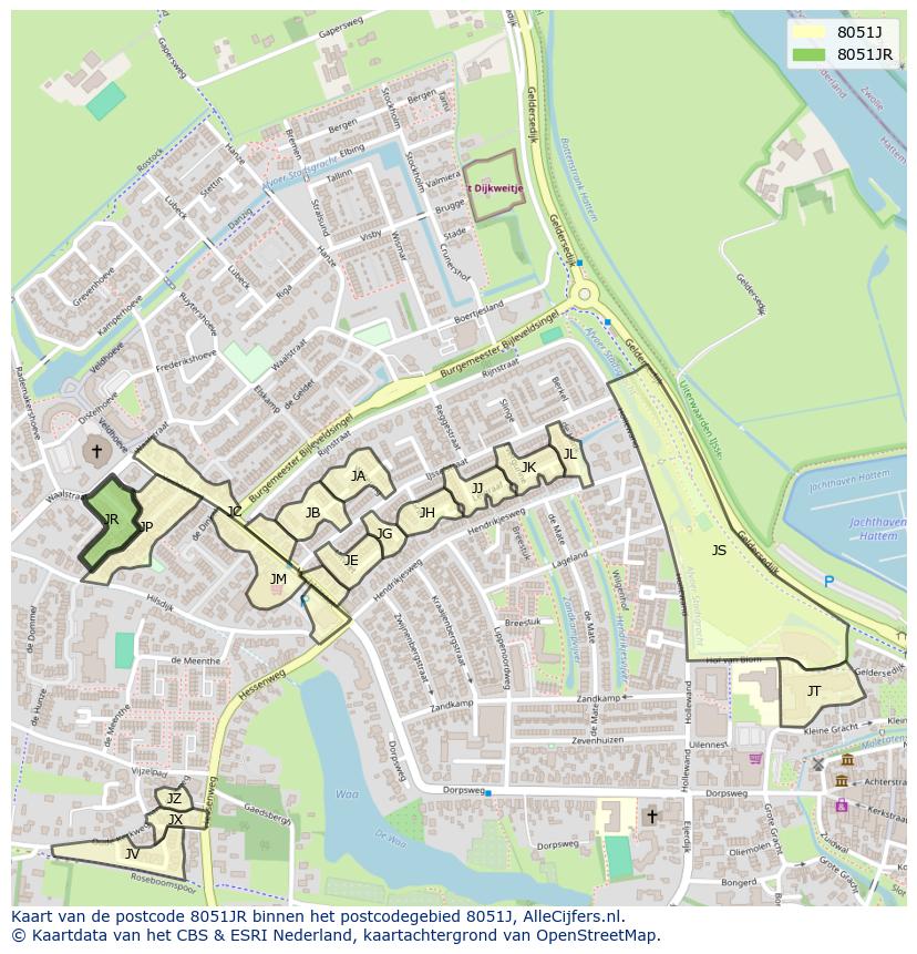 Afbeelding van het postcodegebied 8051 JR op de kaart.