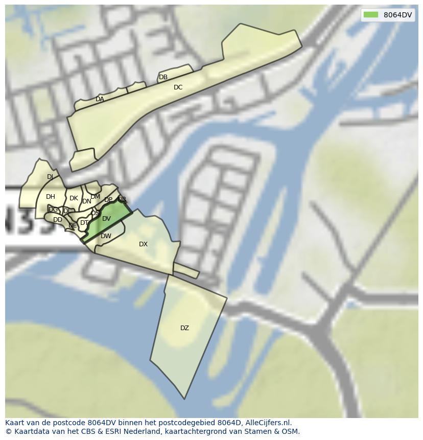 Afbeelding van het postcodegebied 8064 DV op de kaart.