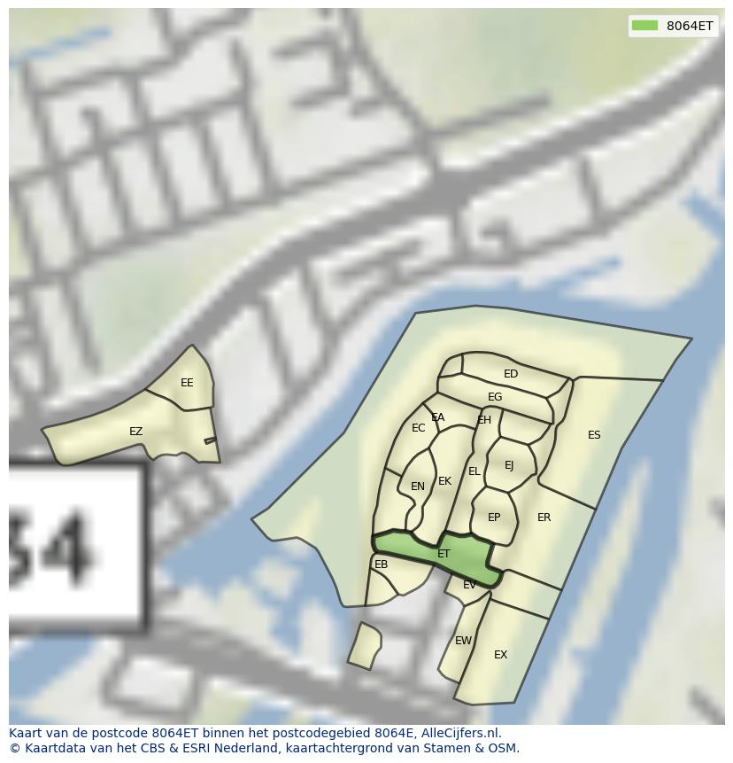 Afbeelding van het postcodegebied 8064 ET op de kaart.