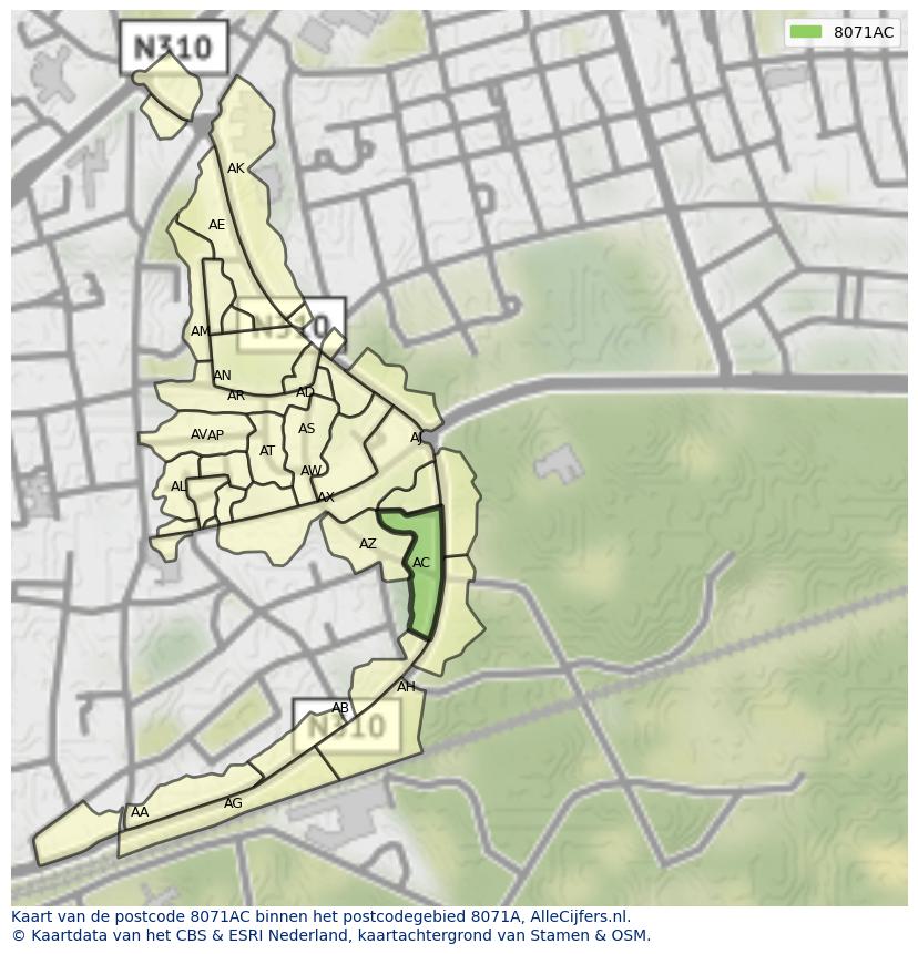 Afbeelding van het postcodegebied 8071 AC op de kaart.