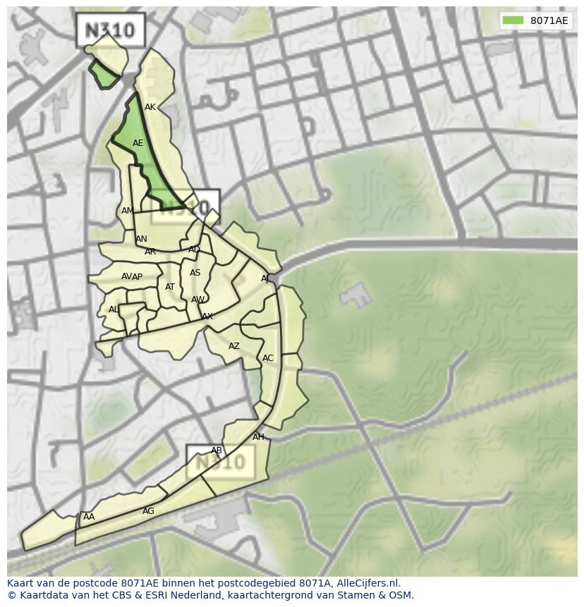 Afbeelding van het postcodegebied 8071 AE op de kaart.