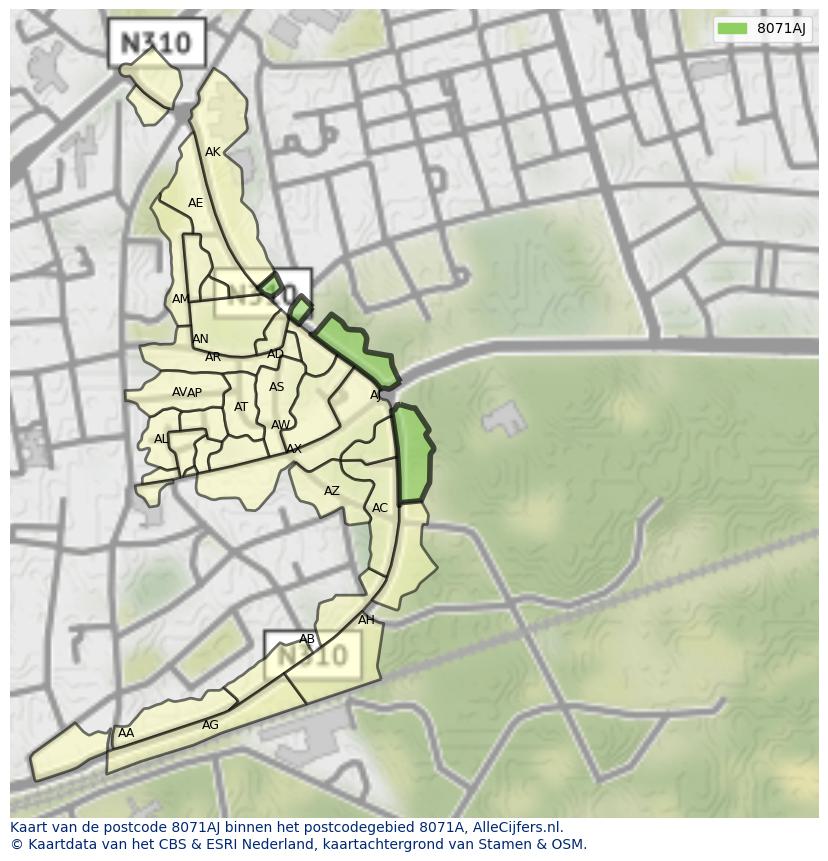 Afbeelding van het postcodegebied 8071 AJ op de kaart.