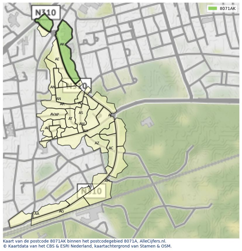Afbeelding van het postcodegebied 8071 AK op de kaart.