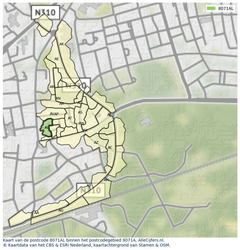 Afbeelding van het postcodegebied 8071 AL op de kaart.