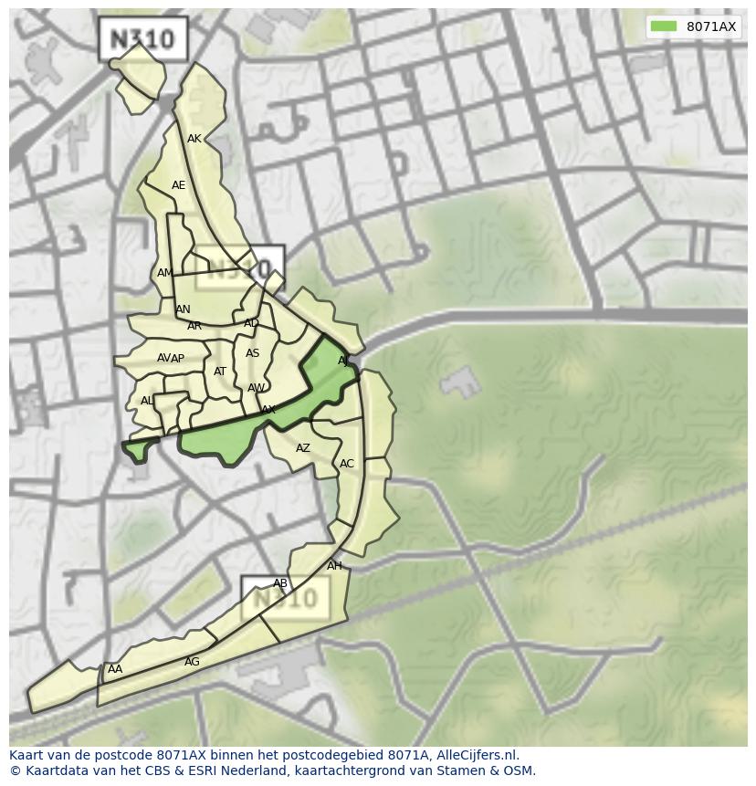 Afbeelding van het postcodegebied 8071 AX op de kaart.