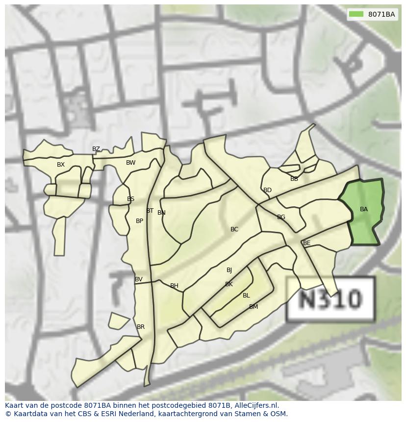 Afbeelding van het postcodegebied 8071 BA op de kaart.