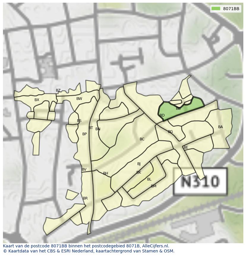 Afbeelding van het postcodegebied 8071 BB op de kaart.