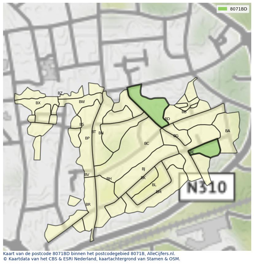 Afbeelding van het postcodegebied 8071 BD op de kaart.