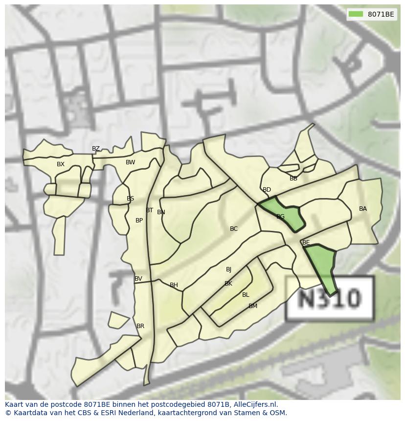 Afbeelding van het postcodegebied 8071 BE op de kaart.
