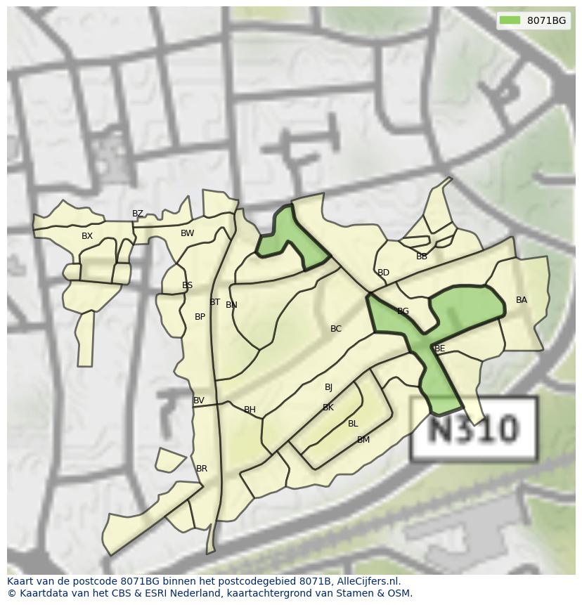 Afbeelding van het postcodegebied 8071 BG op de kaart.