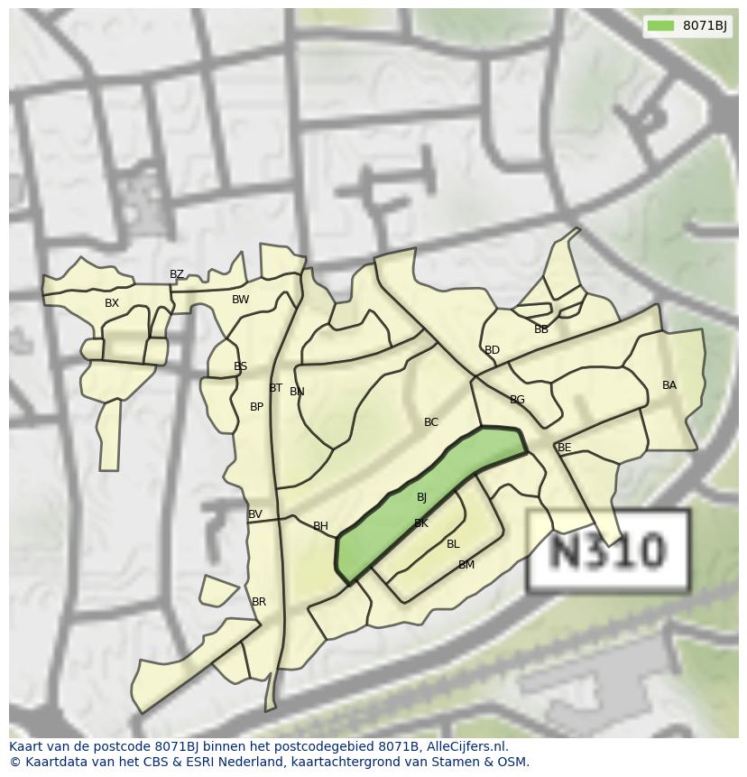 Afbeelding van het postcodegebied 8071 BJ op de kaart.