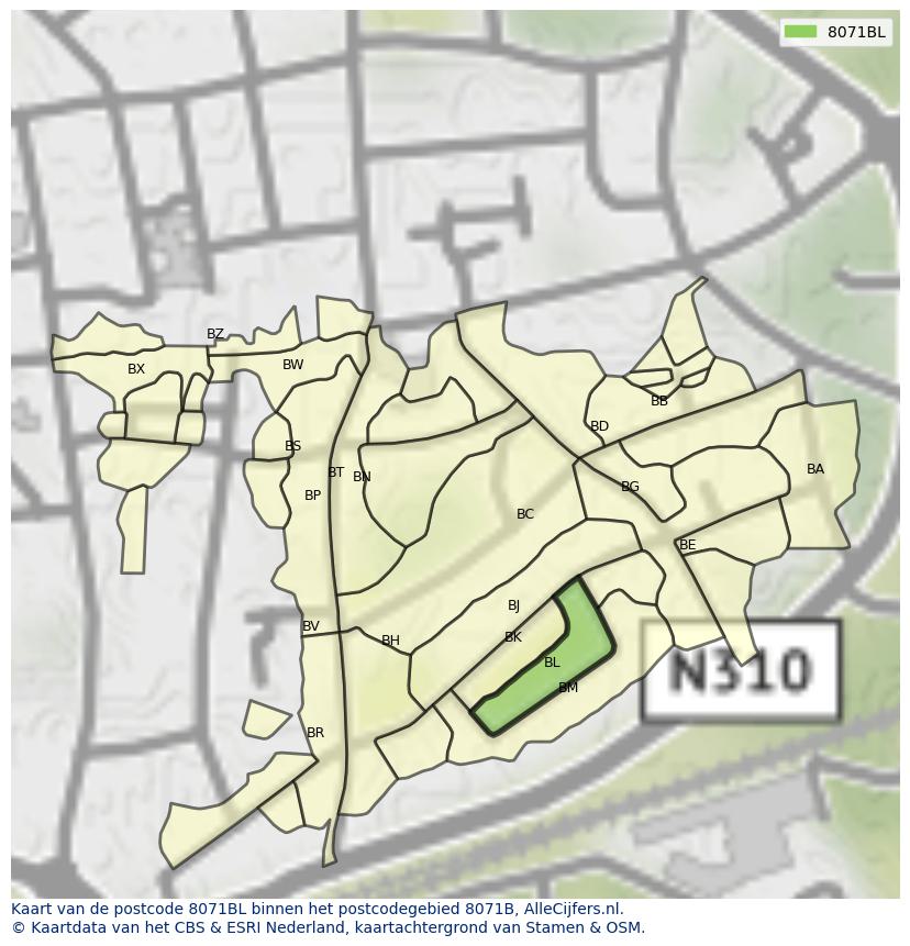 Afbeelding van het postcodegebied 8071 BL op de kaart.