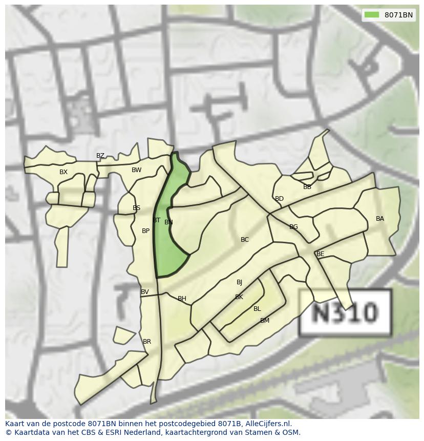 Afbeelding van het postcodegebied 8071 BN op de kaart.