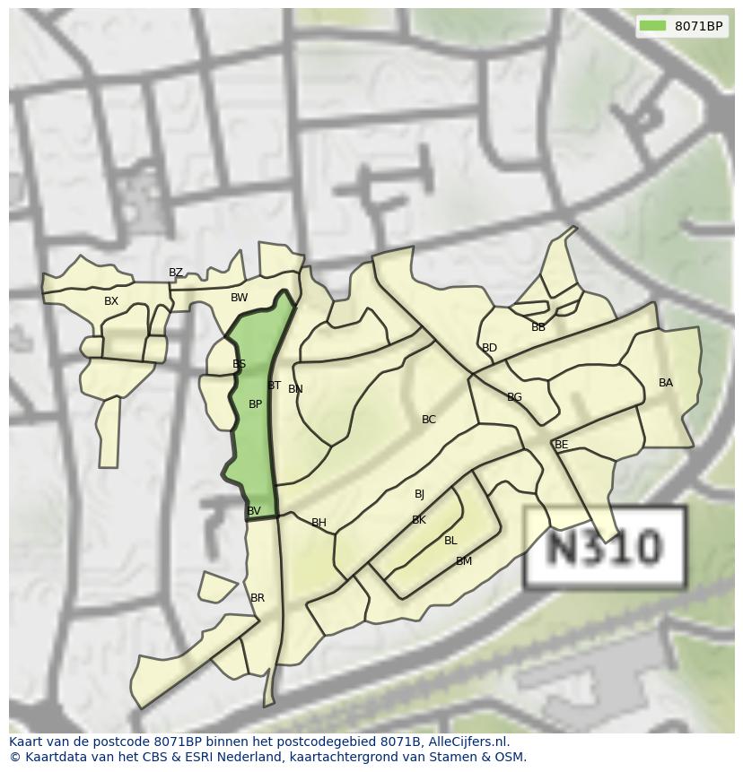 Afbeelding van het postcodegebied 8071 BP op de kaart.