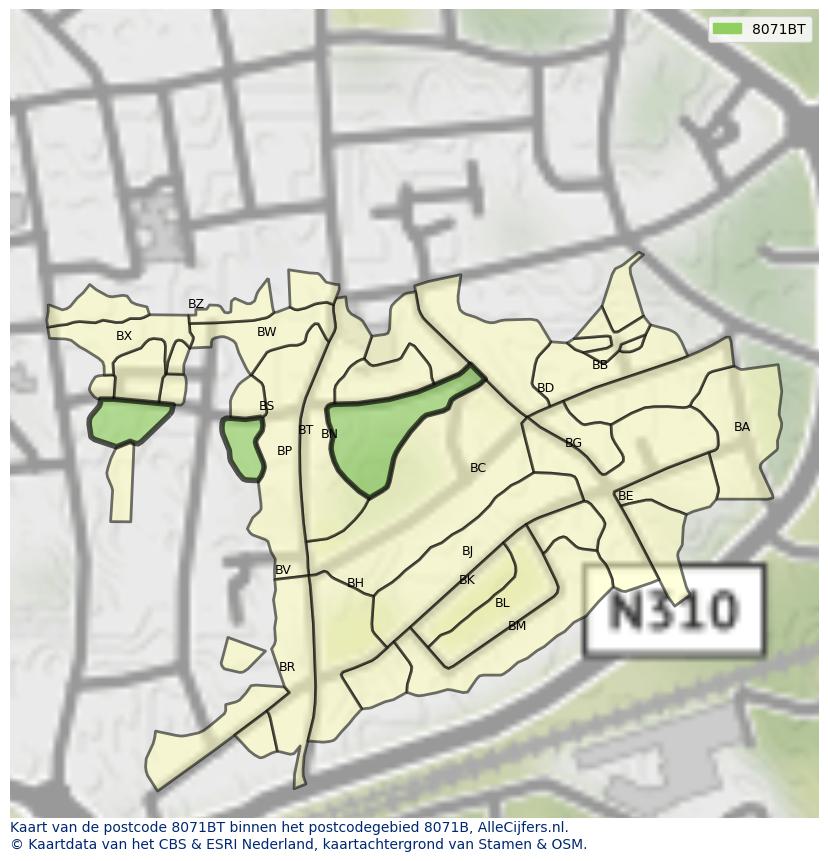 Afbeelding van het postcodegebied 8071 BT op de kaart.