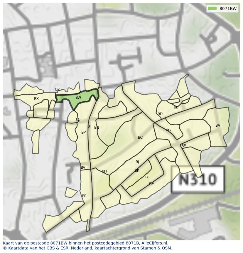 Afbeelding van het postcodegebied 8071 BW op de kaart.