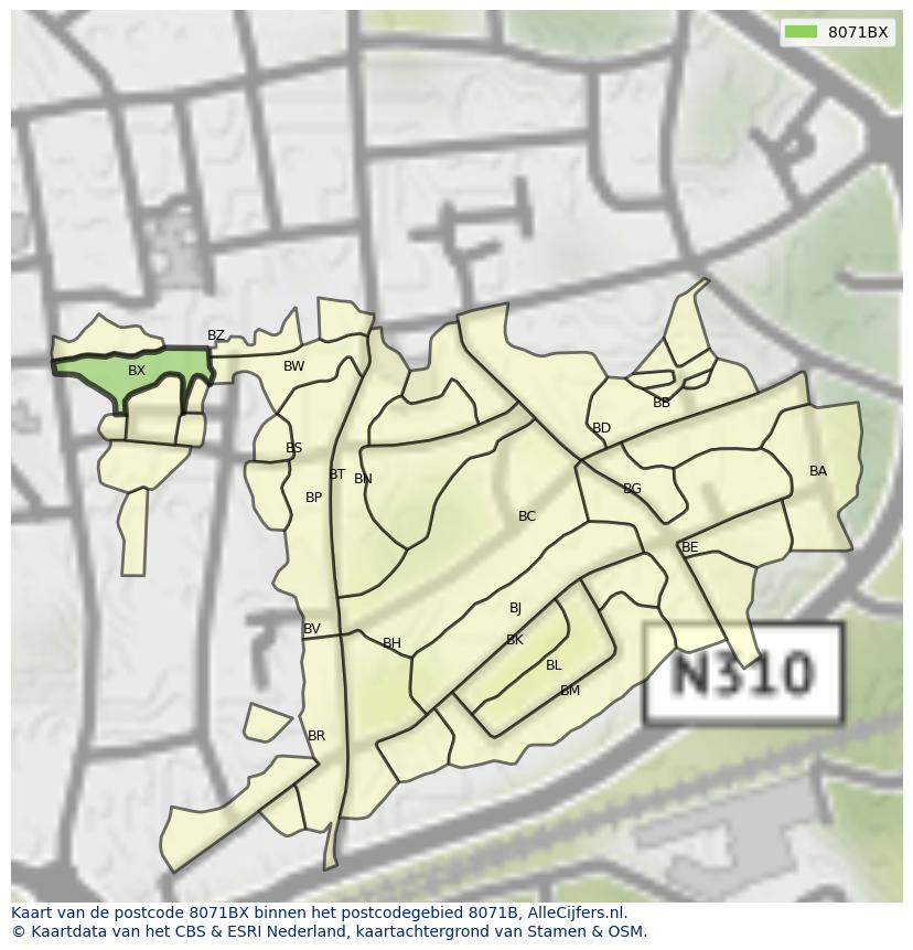 Afbeelding van het postcodegebied 8071 BX op de kaart.