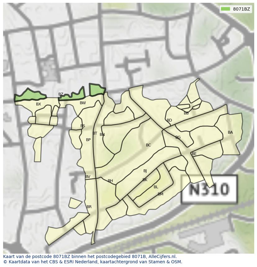 Afbeelding van het postcodegebied 8071 BZ op de kaart.