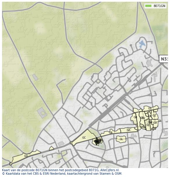 Afbeelding van het postcodegebied 8071 GN op de kaart.