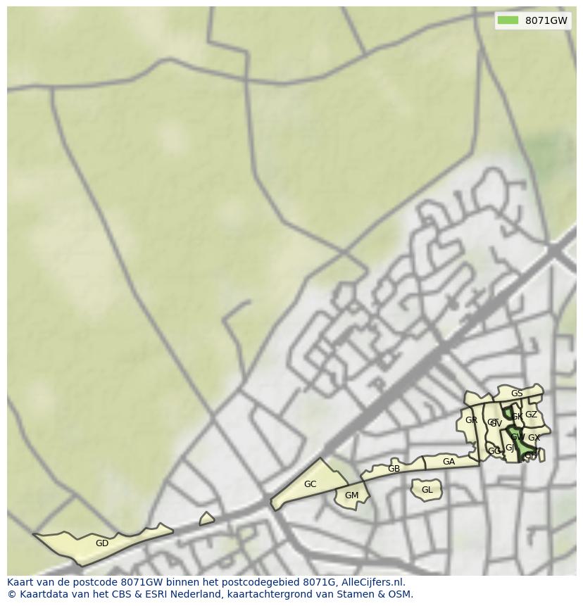 Afbeelding van het postcodegebied 8071 GW op de kaart.