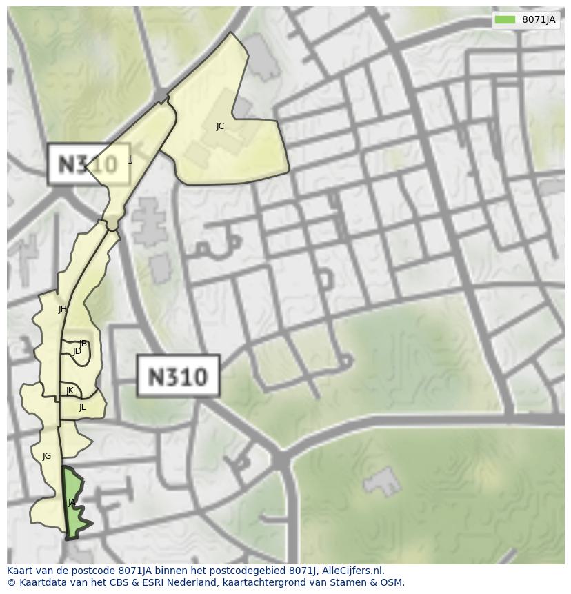 Afbeelding van het postcodegebied 8071 JA op de kaart.