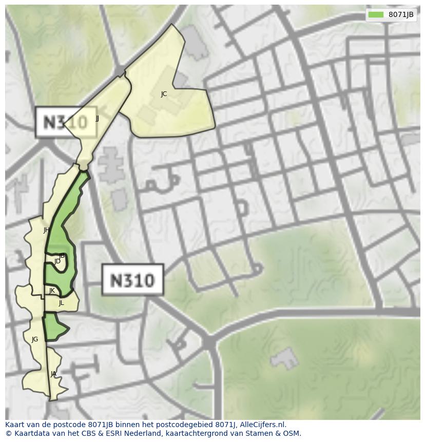 Afbeelding van het postcodegebied 8071 JB op de kaart.