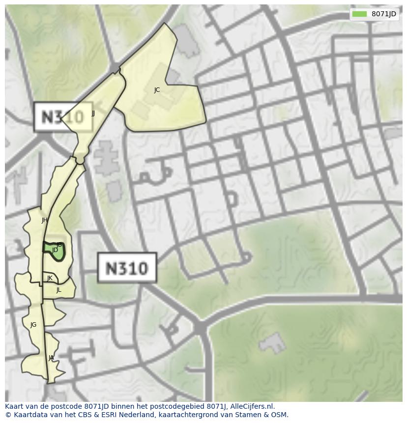Afbeelding van het postcodegebied 8071 JD op de kaart.