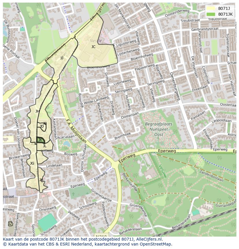 Afbeelding van het postcodegebied 8071 JK op de kaart.