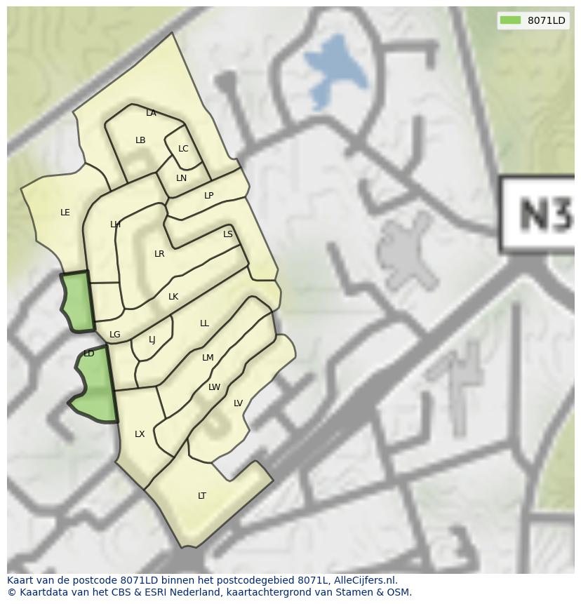 Afbeelding van het postcodegebied 8071 LD op de kaart.