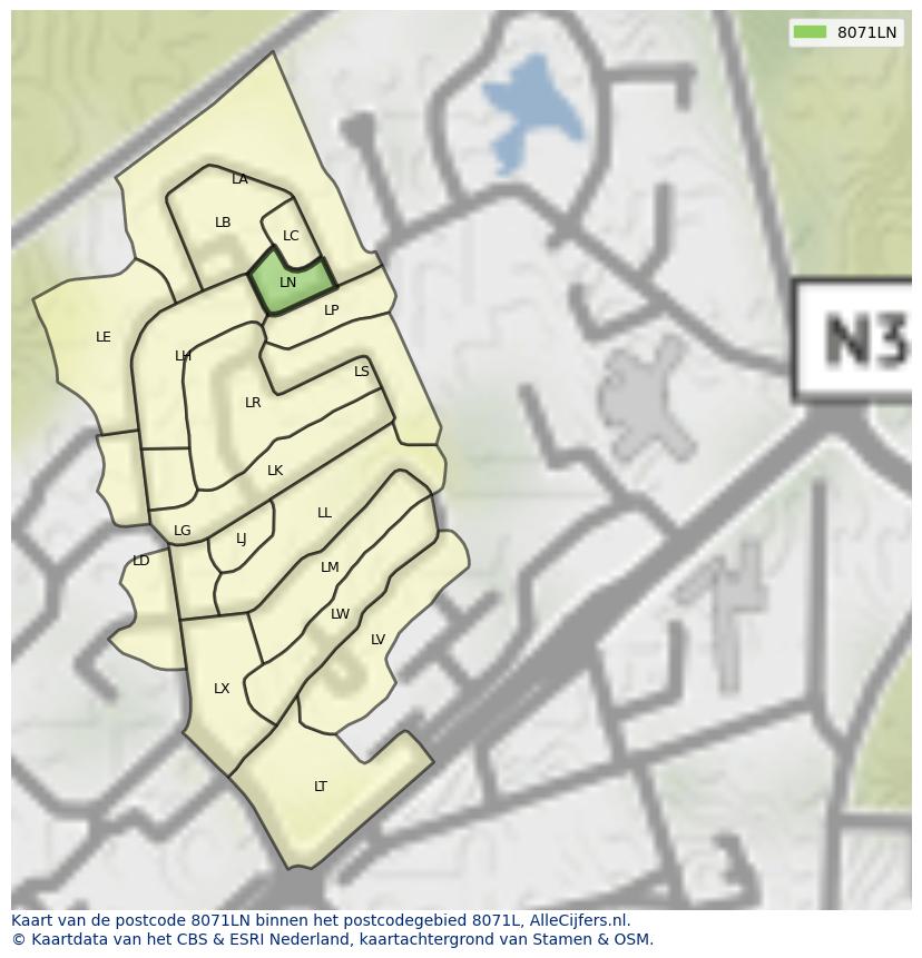 Afbeelding van het postcodegebied 8071 LN op de kaart.