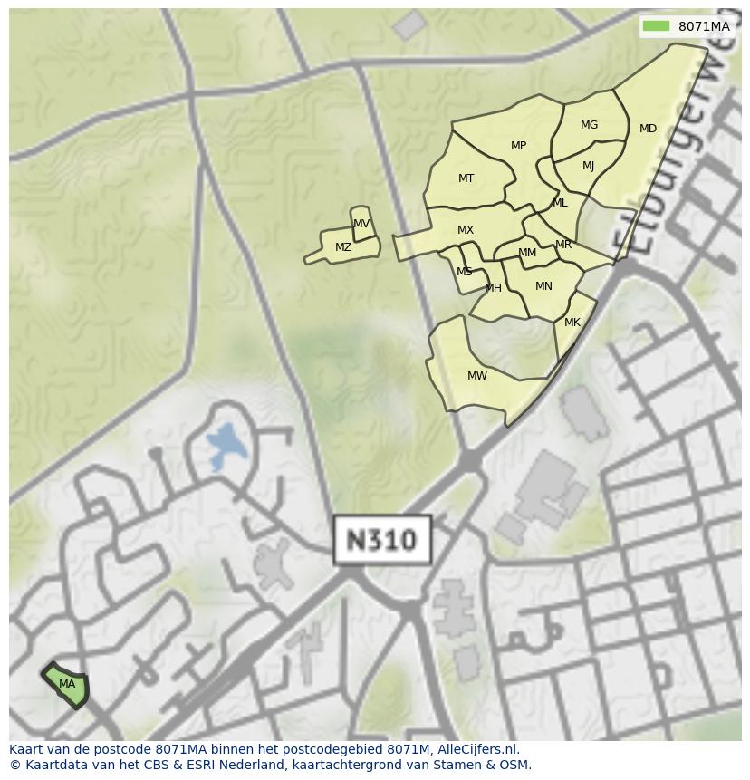 Afbeelding van het postcodegebied 8071 MA op de kaart.