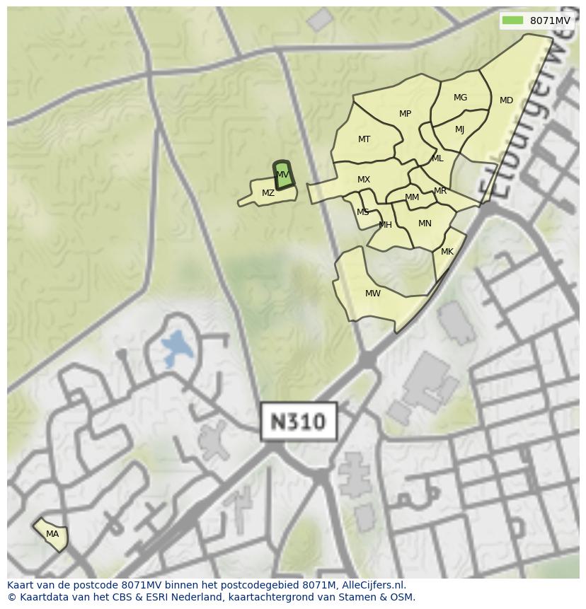 Afbeelding van het postcodegebied 8071 MV op de kaart.