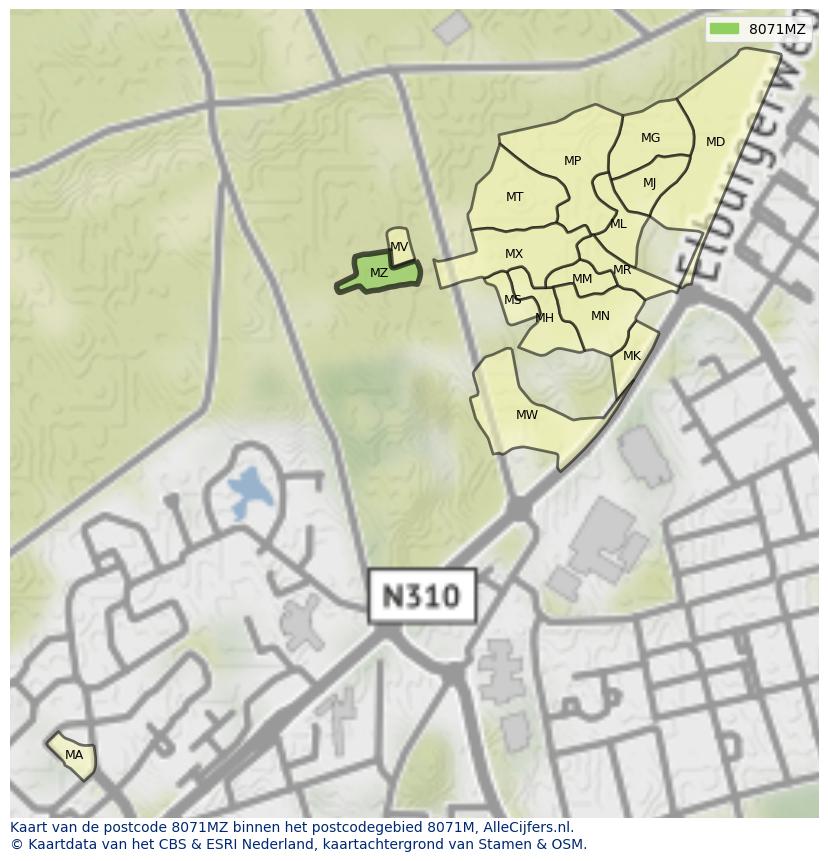 Afbeelding van het postcodegebied 8071 MZ op de kaart.