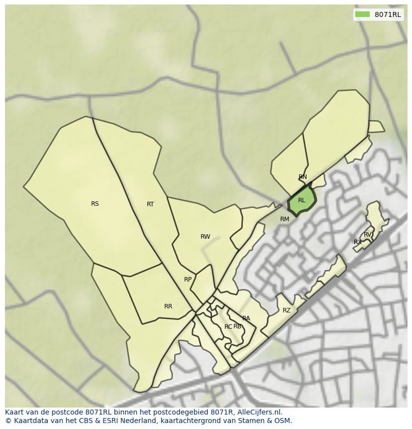 Afbeelding van het postcodegebied 8071 RL op de kaart.