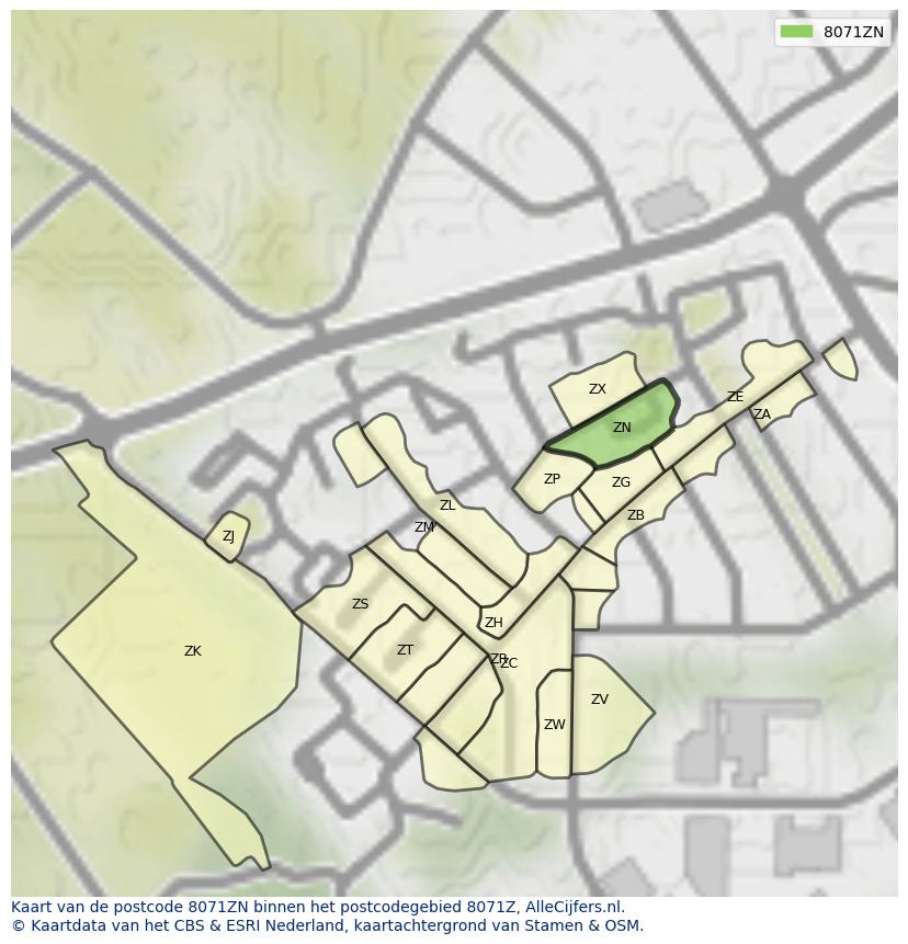 Afbeelding van het postcodegebied 8071 ZN op de kaart.