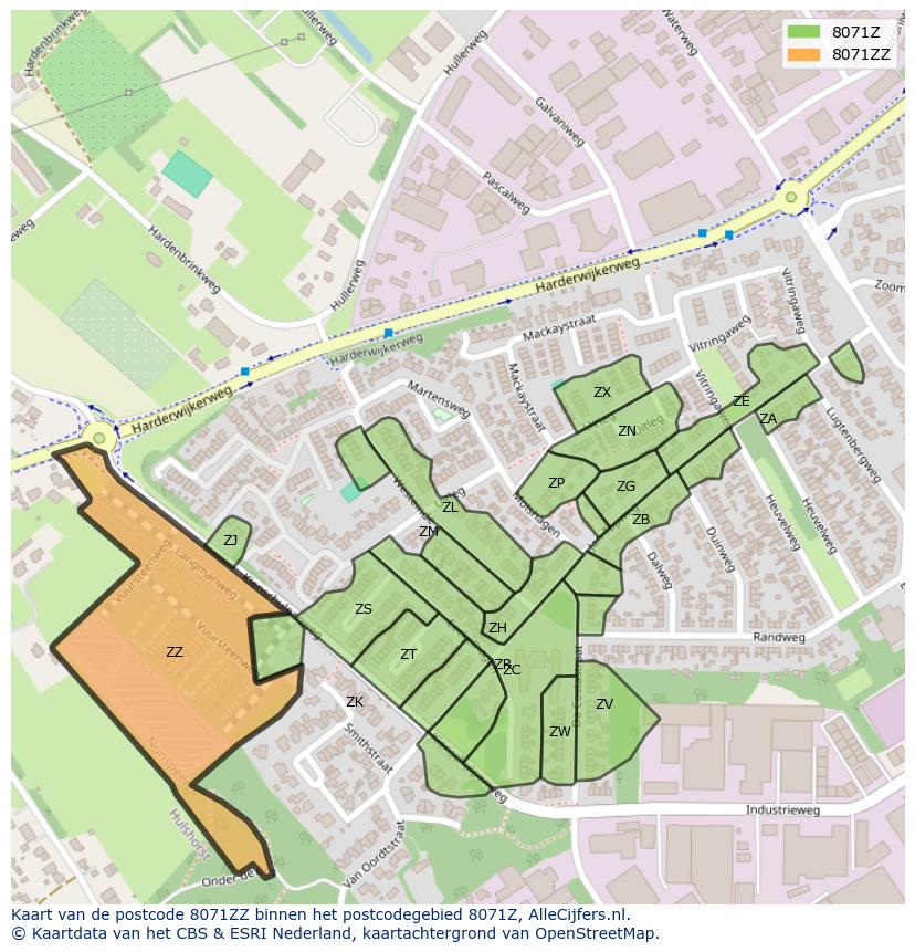 Afbeelding van het postcodegebied 8071 ZZ op de kaart.