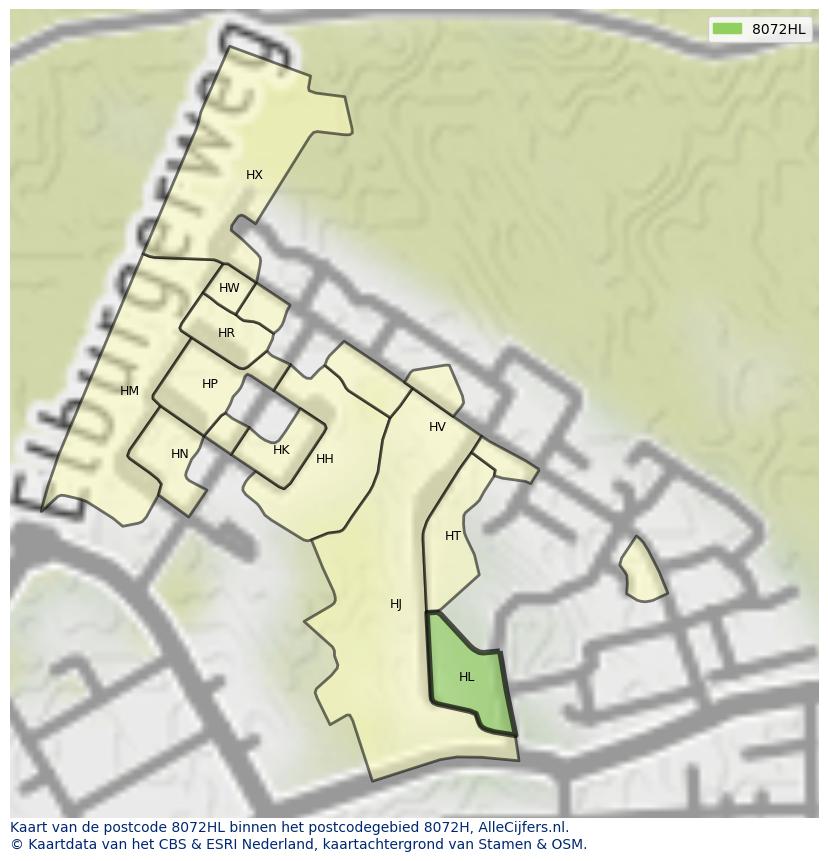 Afbeelding van het postcodegebied 8072 HL op de kaart.