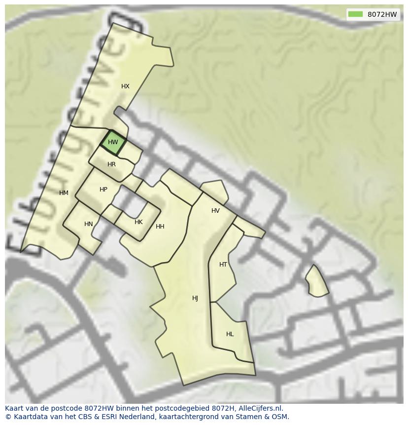 Afbeelding van het postcodegebied 8072 HW op de kaart.