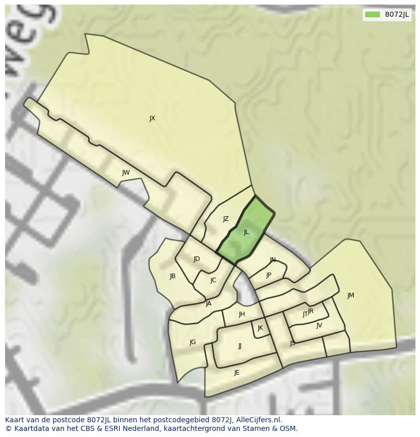 Afbeelding van het postcodegebied 8072 JL op de kaart.