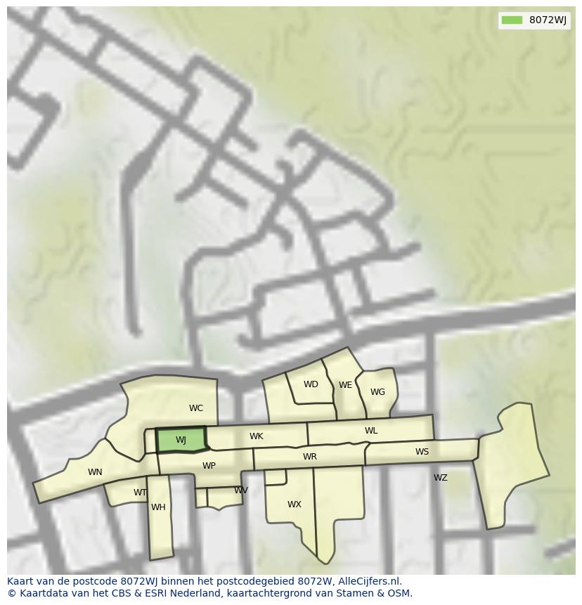 Afbeelding van het postcodegebied 8072 WJ op de kaart.