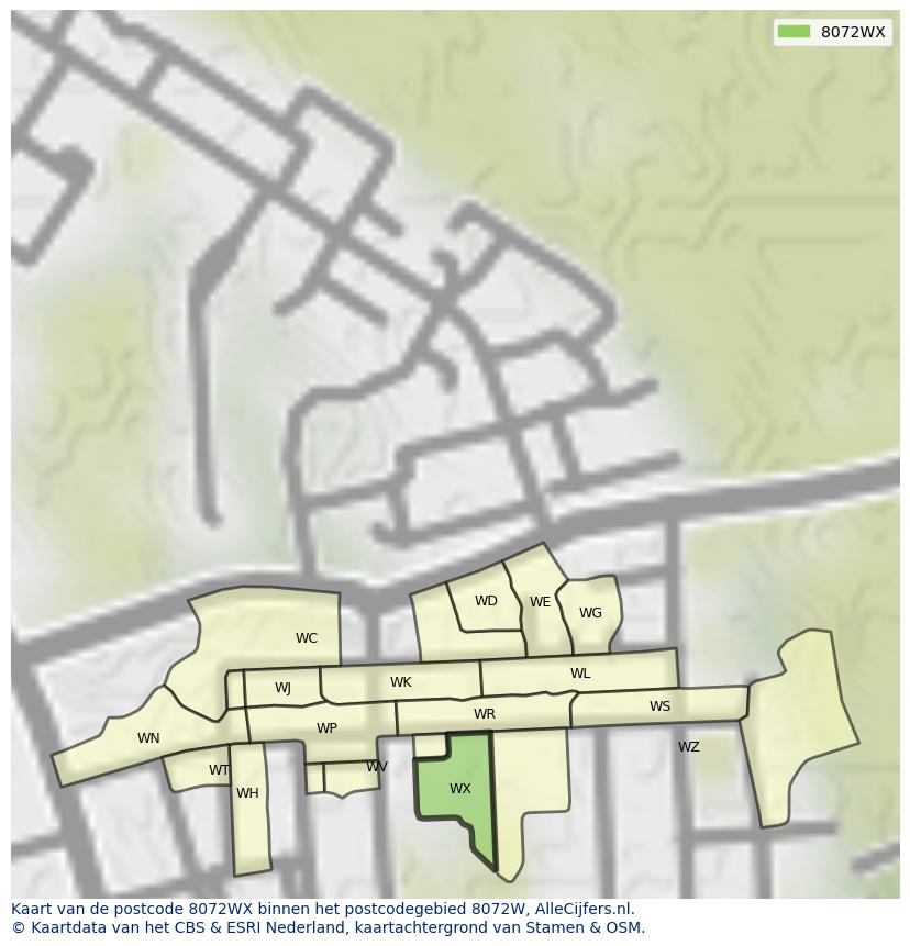 Afbeelding van het postcodegebied 8072 WX op de kaart.