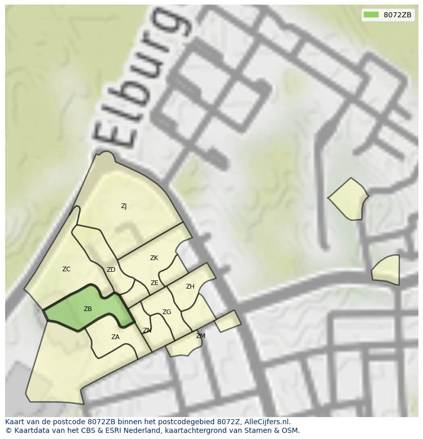 Afbeelding van het postcodegebied 8072 ZB op de kaart.